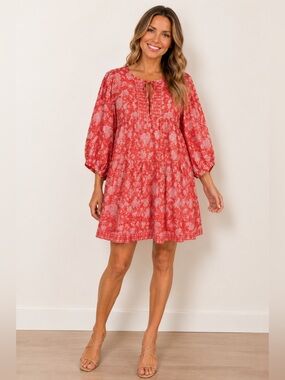 Marea Liz Joy Coral Floral Babydoll Mini Dress Cottagecore Boho Romantic Large